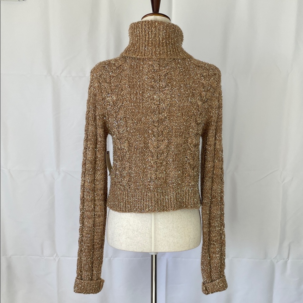 NWT Anthropologie Tan & Silver Tinsel Festive Cowl Neck Cropped Sweater - Medium - Picture 7 of 14